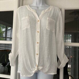 I.N. Studio  Sheer White Gauze Cropped Tied Bouse  Petite X Large